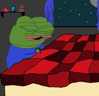 A screenshot from an animated cartoon showing a green frog character wearing a blue jacket and carrying a backpack, walking past a table covered with a red and black checkered tablecloth under a starry night sky.