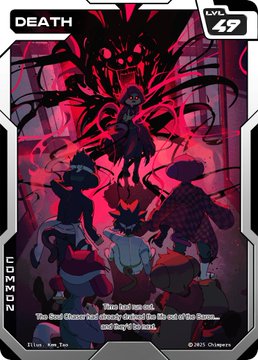 A trading card-style image titled 'DEATH' by ZOZOM, marked 'EVIL 49', featuring dark silhouetted figures facing a large menacing entity in red tones, with the text: 'They led me out, The Red Cleaver had already gotten the life out of the beasts, and they're to host.'