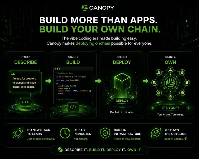 A promotional graphic for "CANOPY" with the headline "BUILD MORE THAN APPS. BUILD YOUR OWN CHAIN," outlining a 4-stage process (Describe, Build, Deploy, Own) for creating onchain apps.