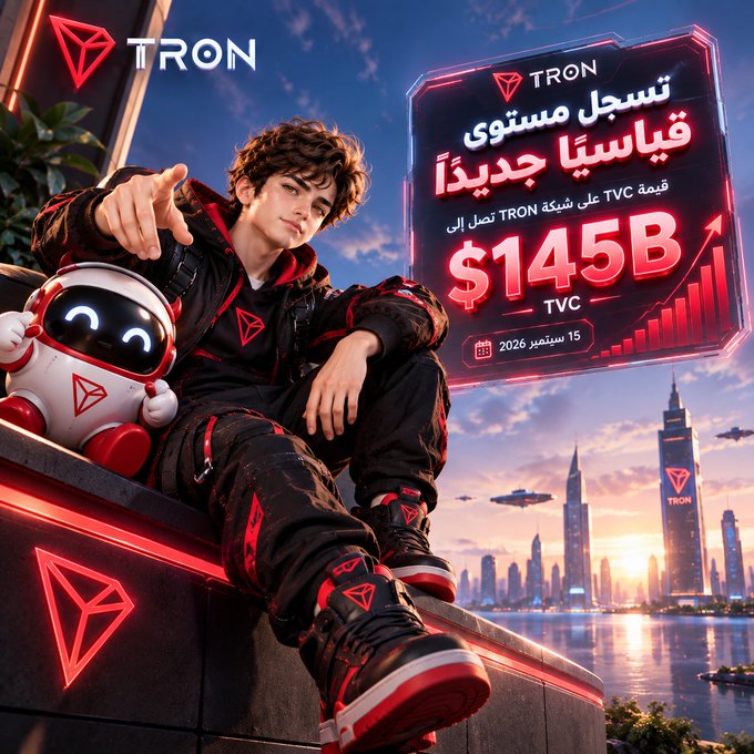 The image features a young man in black and red TRON-branded streetwear sitting next to a small white robot, with a futuristic neon-lit TRON billboard displaying "$145B TVC" alongside Arabic text announcing a historic milestone. The Arabic caption and visual together commemorate TRON reaching $145 billion in Total Value Confined (TVC) on September 15, 2026, depicting the achievement with a sleek, futuristic aesthetic that mirrors TRON's blockchain brand identity.