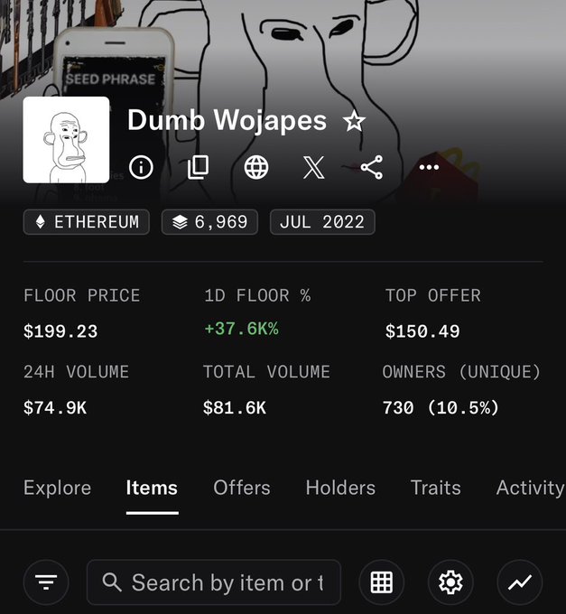 A screenshot of the "Dumb Wojapes" NFT collection page on Ethereum shows a floor price of $199.23 (+37.6% in 24h) with 24H volume of $74.9K and 730 unique owners. This aligns with the post announcing the giveaway of 20 Dumb Wojapes at the $199 floor price along with 2ETH.