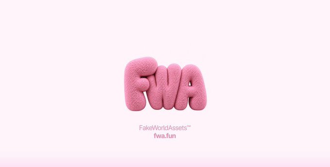 A pink, fluffy 3D rendering of the text 'FWA' with 'FakeWorldAssets' and 'fwa.fun' displayed below on a white background.