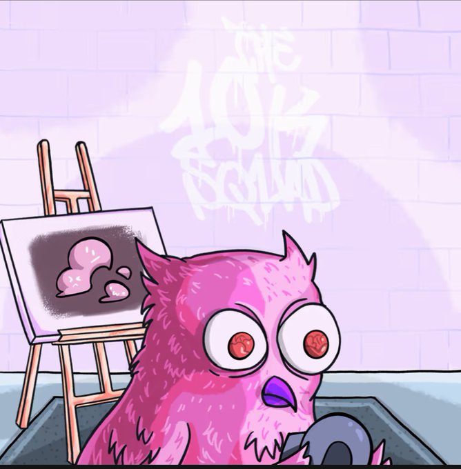 A cartoon illustration of a startled pink furry creature in front of an easel, with graffiti reading 'THE LAST SQUAD' on a brick wall.