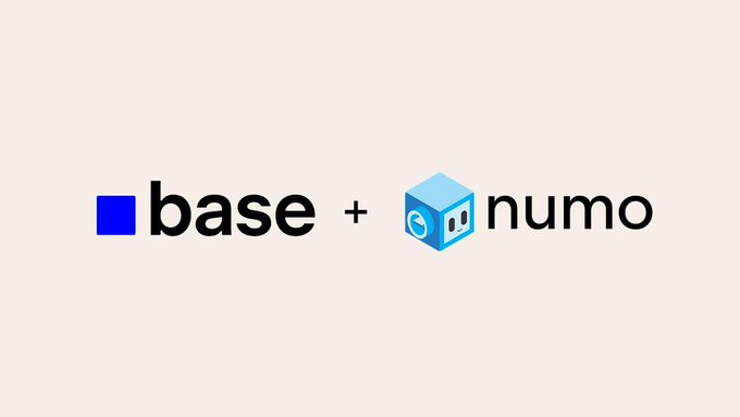 A simple logo graphic reading 'base + numo' with the blue Base square icon and the blue Numo cube character icon on a cream background.