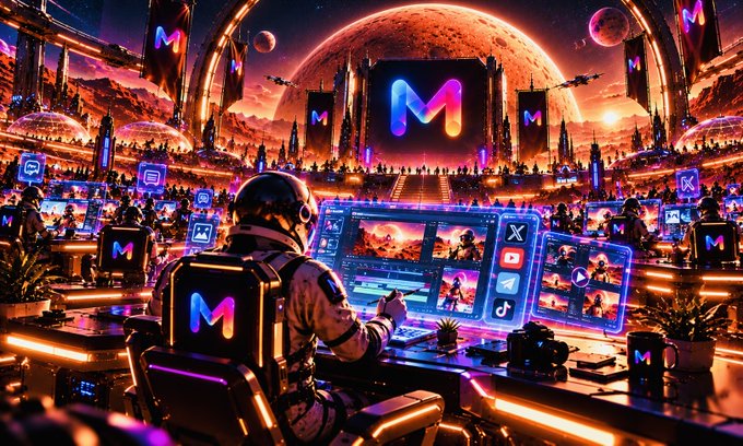 A futuristic sci-fi scene showing an astronaut at a computer workstation with multiple holographic screens displaying social media logos, set against a Mars-like landscape.