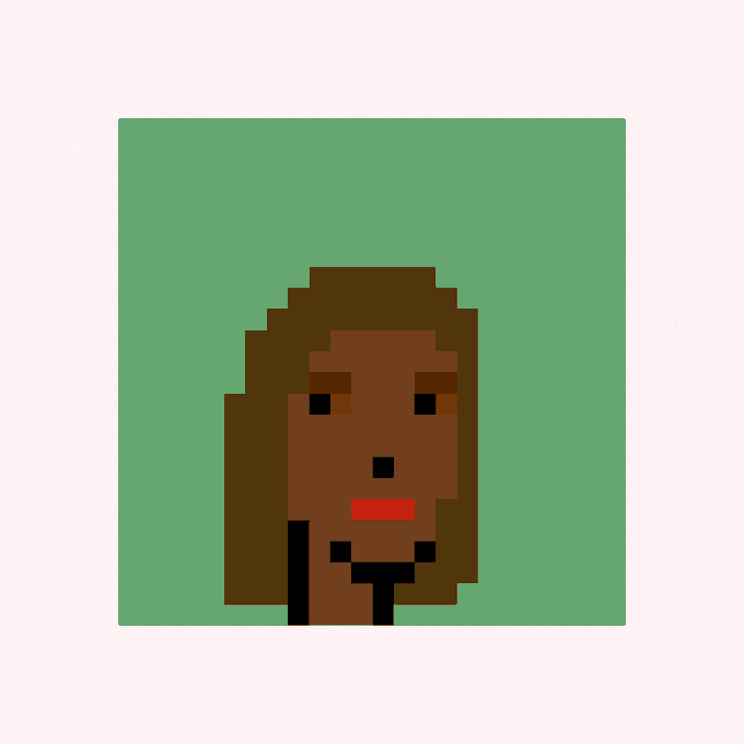 A low-resolution pixel art rendering of a woman with long brown hair, dark skin, red lips, and dark eyes, set against a solid green square background.