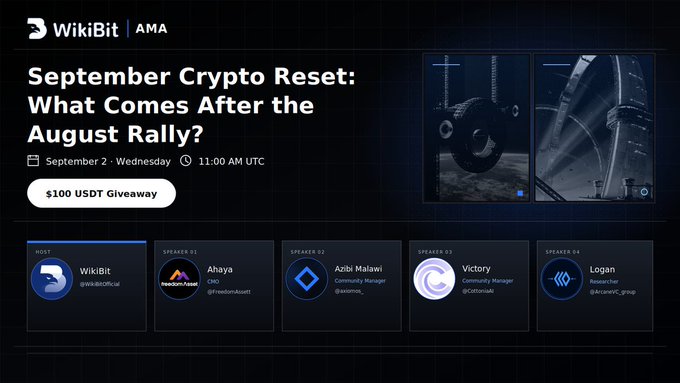 A promotional graphic for a WikiBit AMA event titled "September Crypto Reset: What Comes After the August Rally?" scheduled for September 2 at 11:00 AM UTC, featuring a $100 USDT giveaway and introducing host WikiBit alongside speakers Ahaya (FreedomAssort), Azizi Malawi, Victory, and Logan.