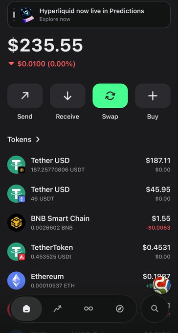 A cryptocurrency wallet app screenshot showing a balance of $235.55, with holdings in Tether USD, BNB Smart Chain, TetherToken, and Ethereum, and a 'Hyperliquid now live in Predictions' banner at the top.
