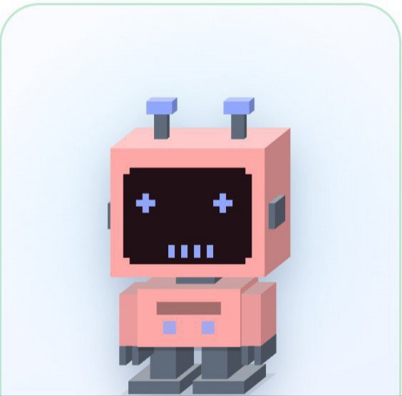 A 3D rendering of a small, cute pink robot character with a black digital face displaying cross eyes and a simple line mouth.