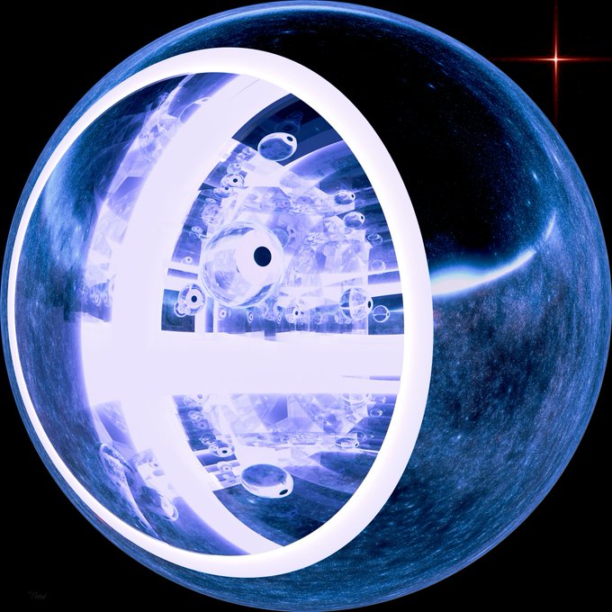 A digital artwork showing a transparent sphere containing bubbles and geometric patterns, set against a dark blue background with a red star in the corner.