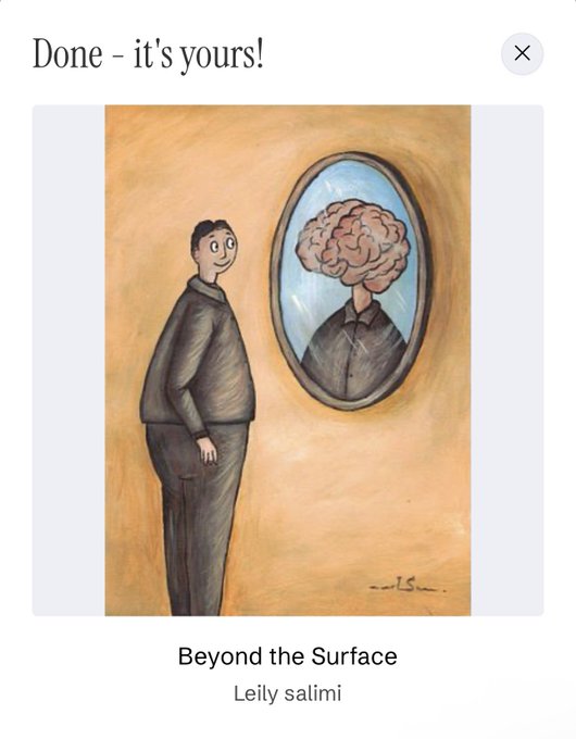 A conceptual artwork titled "Beyond the Surface" by Leily salimi, depicting a person in dark clothing standing next to an oval mirror that reflects an exposed brain instead of a face.