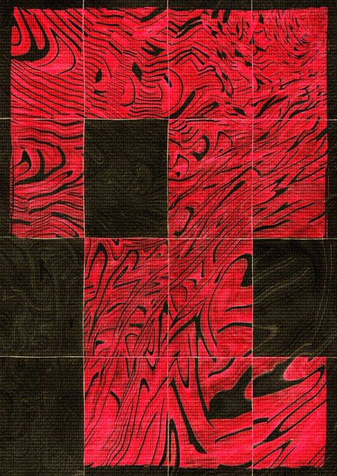 Abstract artwork featuring a grid pattern of red squares with black wavy, wood-grain-like designs interspersed with solid black squares.