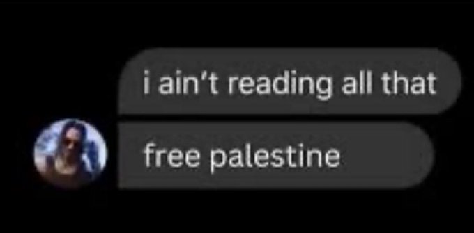 A social media post shows a user avatar next to the messages 'i ain't reading all that' and 'free palestine'.