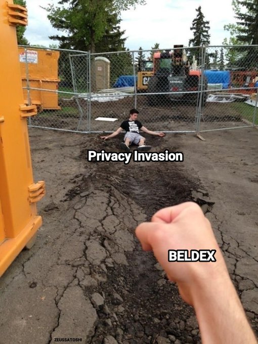 A meme image captioned 'Privacy Invasion' showing a fist labeled 'BELDEX' approaching a person sitting on cracked dry ground near a construction site fence.