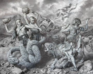 Black and white fantasy illustration depicting warriors battling a hydra-like creature and a lion in a mountainous landscape.