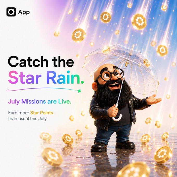 A cheerful cartoon mascot with glasses and a beard holds a clear umbrella catching falling golden star coins against a starry sky, with the text "Catch the Star Rain. July Missions are Live. Earn more Star Points than usual this July" alongside the App logo—perfectly illustrating the Startale App's July mission campaign where users can earn Star Points, such as 40 points for buying $10+ of USDSC.