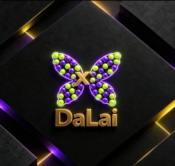 A neon purple butterfly with green and purple gems and an "X" emblem, glowing against a dark background with the golden text "DaLai" beneath it, evokes the sense of a colorful community or brand identity — contrasting with the post's frustration over losing money and its hopeful wish for a peaceful, lucky October turnaround.