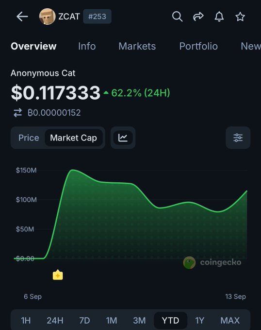 The image shows a CoinGecko market cap chart for ZCAT (#253), labeled "Anonymous Cat," trading at $0.117333 with a 62.2% gain in 24 hours and a market cap rising sharply from $0.00 on September 6 to around $150M, with the current cap shown as approximately $120M. The chart visually confirms the post's claim of ZCAT's surge, illustrating how the token's market cap spiked following Ansem's tweet promoting it as an alternative play on the ZEC trade with its 3% transfer tax funding ZEC rewards for holders.