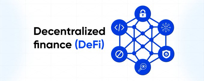 A graphic with the text "Decentralized finance (DeFi)" next to a blue hexagonal network icon featuring symbols for security, code, networks, contracts, and search.
