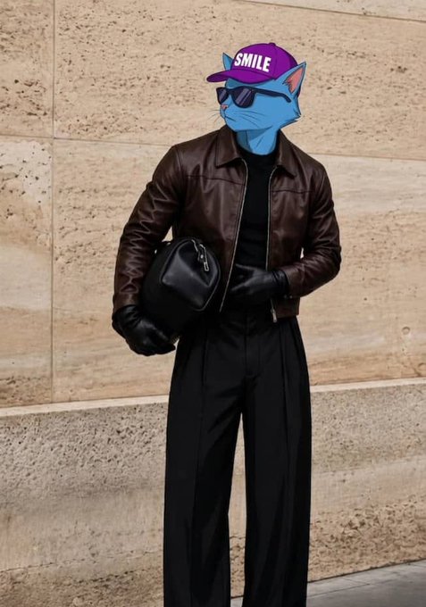 A person wearing a brown leather jacket, black pants, and black gloves stands against a stone wall, with a blue cartoon cat face filter wearing sunglasses and a purple 'SMILE' cap overlaid on their head.