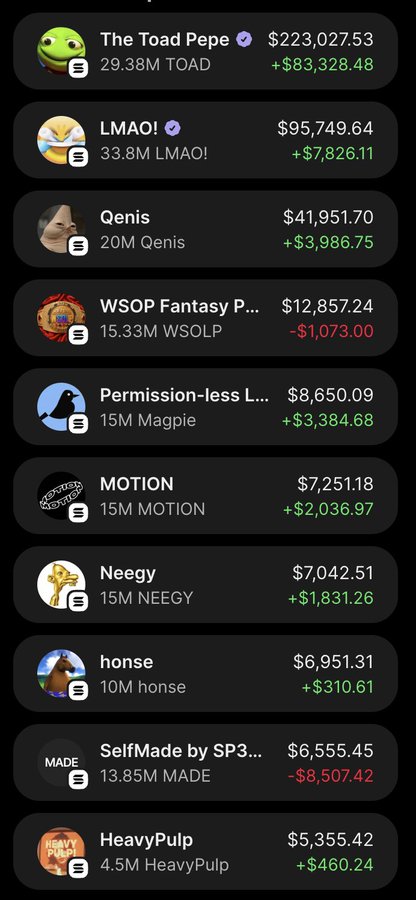 A cryptocurrency wallet portfolio screen displaying meme tokens including The Toad Pepe ($223,027.53), LMAO! ($95,749.64), Qenis ($41,951.70), WSOP Fantasy P... ($12,857.24), Permision-less L... ($8,650.09), MOTION ($7,251.18), Neegy ($7,042.51), honse ($6,951.31), SelfMade by SP3... ($6,555.45), and HeavyPulp ($5,355.42).