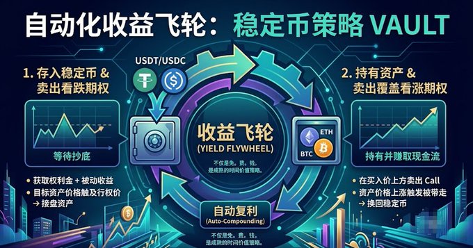 A Chinese-language infographic titled "自动化收益飞轮: 稳定币策略 VAULT" explains a "YIELD FLYWHEEL" strategy using USDT, USDC, ETH, and BTC.