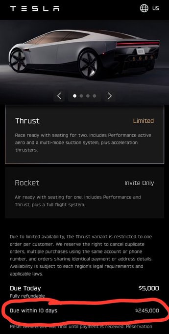 A screenshot of a Tesla reservation page for the "Roadster," with red markings circling the "Due within 10 days $245,000" payment requirement.