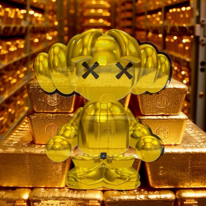 A KAWS-style 'XX' figure rendered in shiny gold, sitting amidst stacks of gold bars in what appears to be a vault or storage facility.