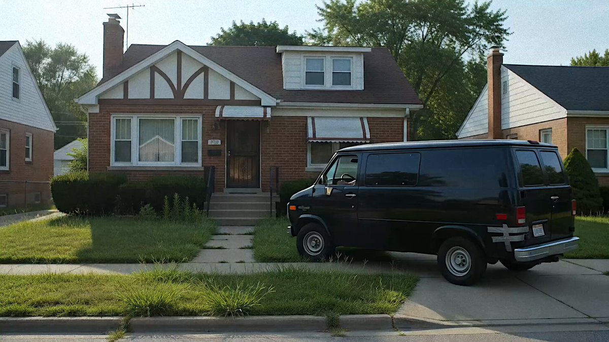 The image shows a black van parked outside of a brick house, with a tree nearby. The van appears to be an old model, possibly a Ford or Chevy, as indicated by its dark color. In the background, there are other houses visible, suggesting that this scene takes place in a residential area. The post on social media features a photo of Frank Manzano's van and includes text such as "I have just collected !" and "@objktcom".