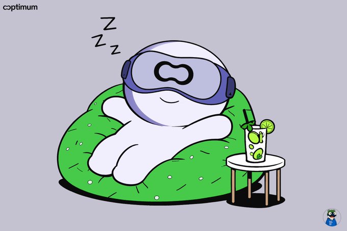 A cartoon illustration by 'coptimum' showing a white character wearing a blue sleeping mask and headphones, relaxing on a green beanbag chair next to a mojito drink on a small table.