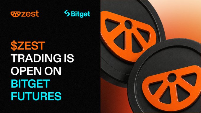 The image features a black background with two orange circles, one larger than the other, positioned at the center of the frame. The text "ZEST" is written above the circles, and below them, there's a caption that reads "Trading is open on Bitget Futures".
