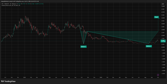 The image shows a daily candlestick chart of the SUI/USDT trading pair on TradingView, highlighting a technical setup with a double-bottom pattern and a descending triangle formation. Key levels marked include "Bottom 1" near $0.55–$0.65, "Bottom 2" slightly higher, and a "Target" zone around $5.00, with the current price displayed near $1.166. The chart visually supports the post's analysis by illustrating the long-term base, neckline resistance, and projected breakout target.