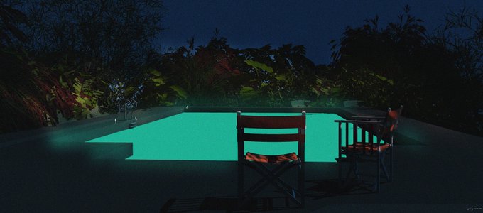 A glowing turquoise swimming pool illuminated at night is flanked by two empty director's chairs, evoking the lingering cinematic atmosphere of the film "Sigma" referenced in the post.