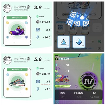 Screenshots showing a user profile (user_4320092) with sneaker NFTs displaying stats like GUS/Min (3.9, 5.8), Human scores (213.56, 226.44), and game elements including rewards and a September Season IV badge.