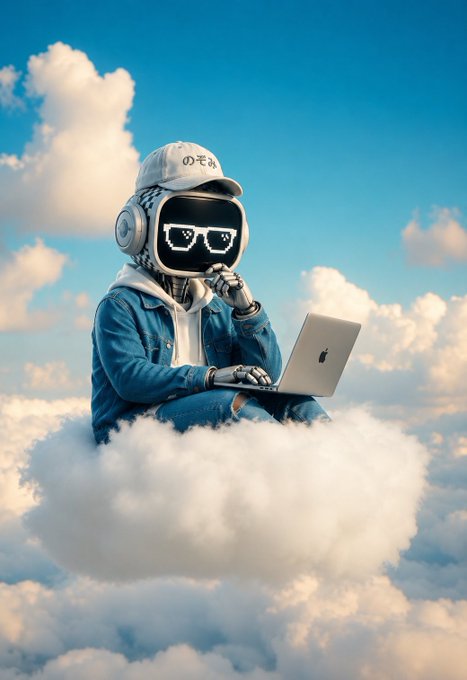 A stylized humanoid robot wearing a cap and blue jacket sits on a cloud using an Apple laptop against a bright blue sky.
