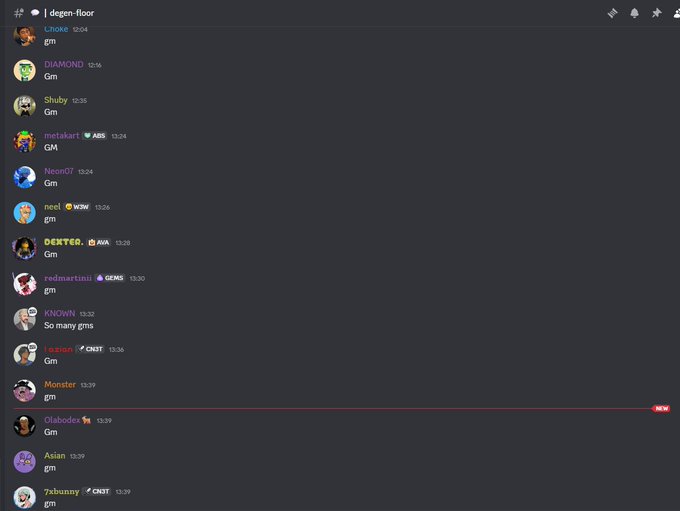 A screenshot of a Discord server named '# | degen-floor' showing a member roster with usernames like 'Chrome', 'DIAMOND', 'Shuby', 'netstart', 'Neon07', 'neo', 'DEXTER.', 'redmartini', 'KNOWN', '💫 seson', 'Monster', 'Olabodex', 'Asian', and '7sbunny'.