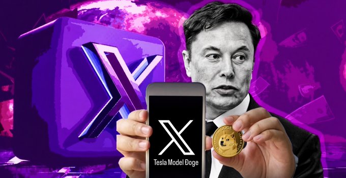 A composite image showing Elon Musk holding a smartphone displaying the X logo and 'Tesla Model Duge', alongside a golden Dogecoin, a 3D X logo, and a purple globe background.