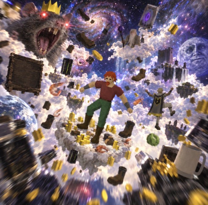 A vibrant, surreal digital artwork depicts a red-haired hero with a sword standing on a cloud amidst a chaotic cosmic scene filled with floating gold coins, treasure chests, a giant crowned rat with glowing red eyes, a wizard, a starry galaxy background, Earth, and a mug, symbolizing the wild, meme-driven excitement and "stonks" culture behind the new "gp" quote token launch on StonkFun.