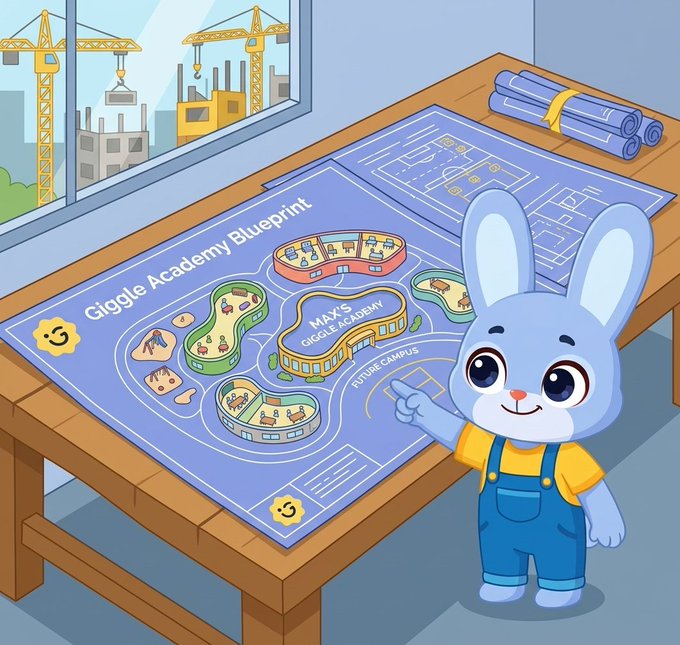 An illustrated scene of a blue cartoon rabbit in blue overalls pointing at a 'Giggle Academy Blueprint' laid out on a wooden table, with a window showing construction cranes in the background.