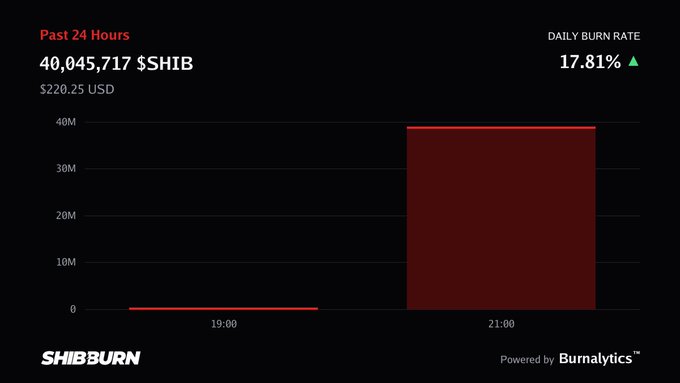 A ShibBurn dashboard displays that 40,045,717 $SHIB ($220.25 USD) was burned in the past 24 hours, with a daily burn rate increase of 17.81%.