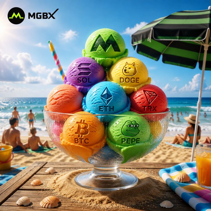 An MGBX advertisement shows a bowl of colorful ice cream scoops labeled with crypto tickers (BTC, ETH, SOL, DOGE, TRX, PEPE) on a sunny beach with people and a striped umbrella in the background.