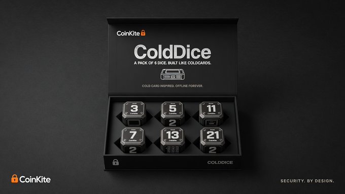 CoinKite 'ColdDice' product box containing six black hexagonal dice-like Coldcards numbered 3, 5, 7, 11, 13, and 21, with the tagline 'Cold card inspired. Offline forever.' and 'SECURITY. BY DESIGN.' in the corner.