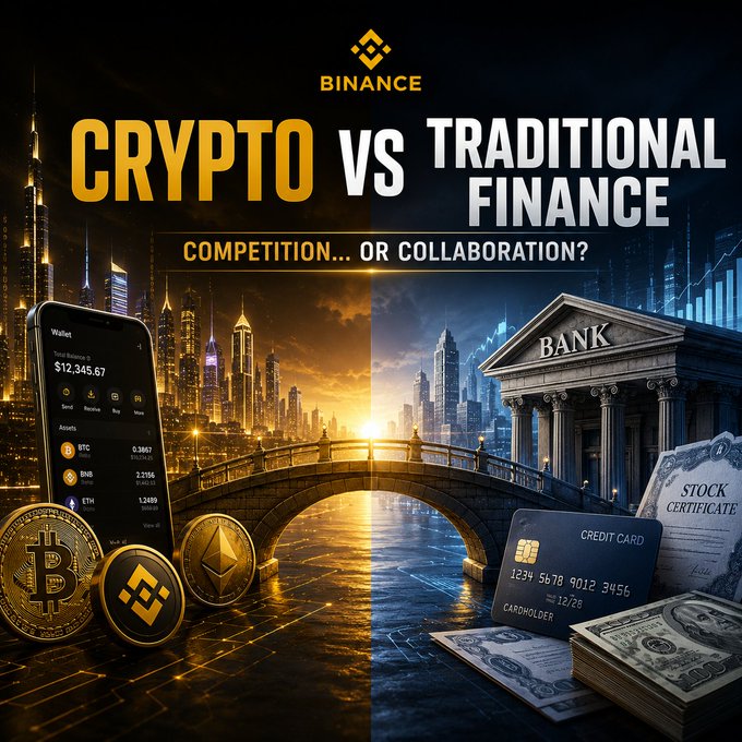A Binance promotional image titled 'CRYPTO VS TRADITIONAL FINANCE: COMPETITION... OR COLLABORATION?' showing a phone with a crypto wallet displaying $12,345.67 alongside Bitcoin, BNB, and Ethereum on one side, and a bank, credit card, stock certificate, and cash on the other.