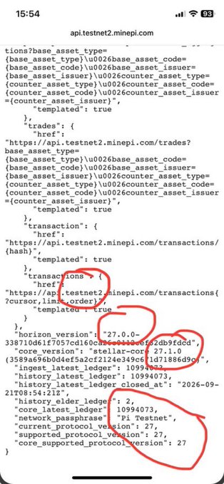A screenshot from api.testnet2.minepi.com displaying JSON code with highlighted fields showing horizon_version: '27.0.0', network_passphrase: 'Pi Testnet', current_protocol_version: 27, and core_supported_protocol_version: 27.