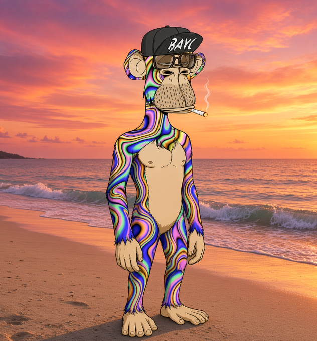 A psychedelic cartoon ape character wearing a black 'BAYC' cap and sunglasses smokes a cigarette on a beach at sunset, with iridescent multicolored fur.