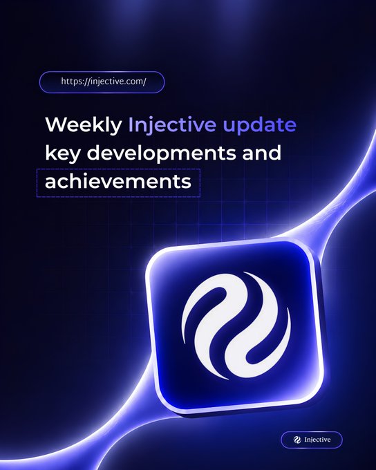 A promotional graphic for Injective featuring the URL "https://injective.com/" and the headline "Weekly Injective update key developments and achievements," set against a dark blue background with the Injective logo displayed prominently. The image aligns with the post as a branded recap announcement highlighting Coinbase's support for native $INJ deposits and withdrawals via the Injective EVM.