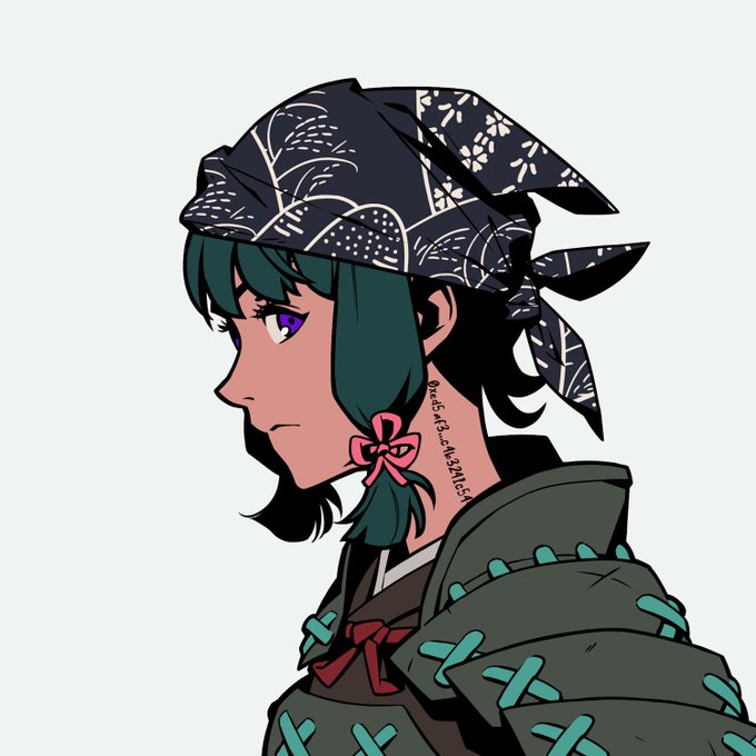 An anime-style illustration of a character with dark teal hair in a side profile, wearing a patterned dark bandana and a green jacket with teal lacing.