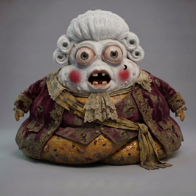 A grotesque, wide-eyed figurine of a bloated aristocratic figure with a powdered white wig, rotting teeth, and tattered 18th-century attire—including a velvet coat and lace cravat—sits against a plain gray background. The image relates to the post as the artist's newly minted NFT creation showcased on OpenSea.