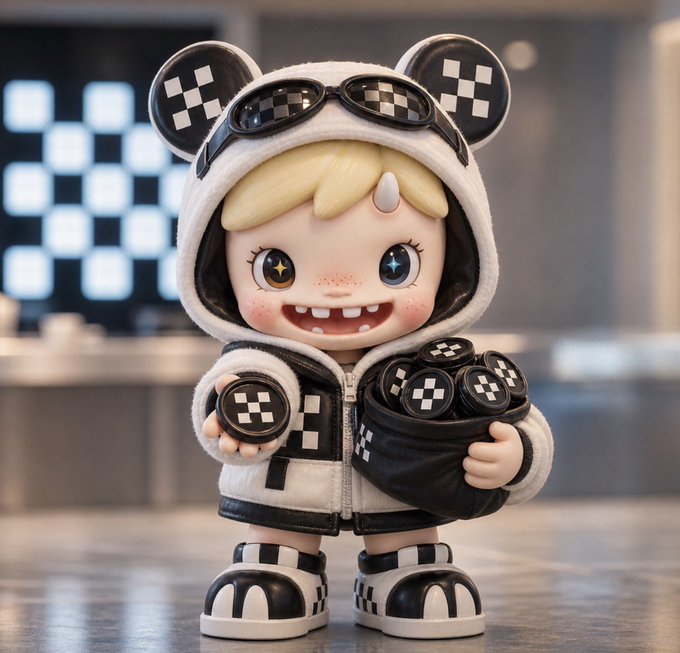 A 3D-rendered collectible figure of a blonde child wearing a black and white checkered hooded jacket, goggles, and Mickey Mouse-style ears, holding a checkered object.