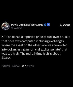 A tweet from David 'JoelKatz' Schwartz explaining that XRP's reported price of over $3 was inflated by an unfavorable exchange rate conversion, with the real all-time high being about $2.80.